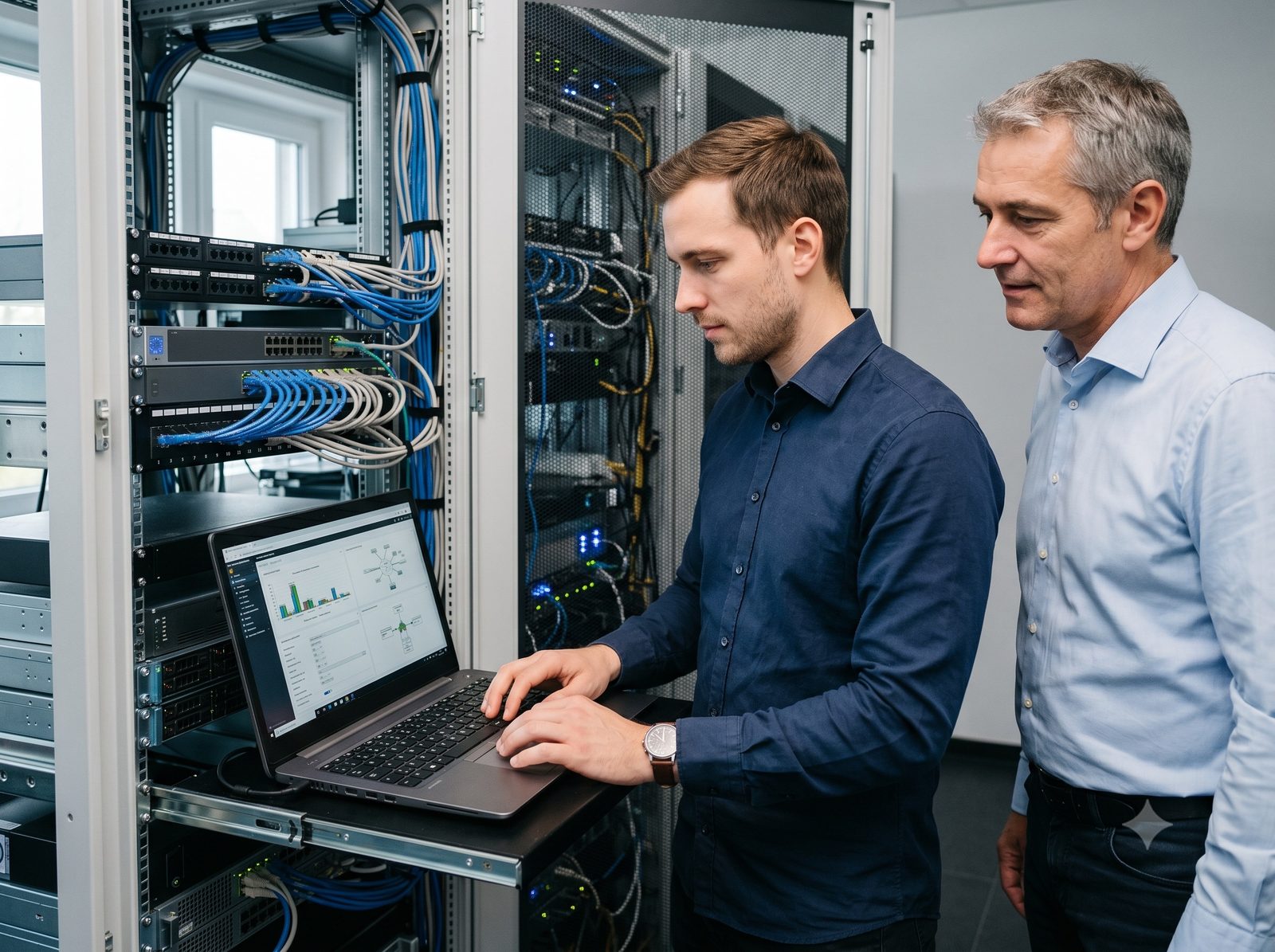 IT-Security-Experte prüft vor Ort Firewall- und Netzwerk-Konfiguration im Serverraum