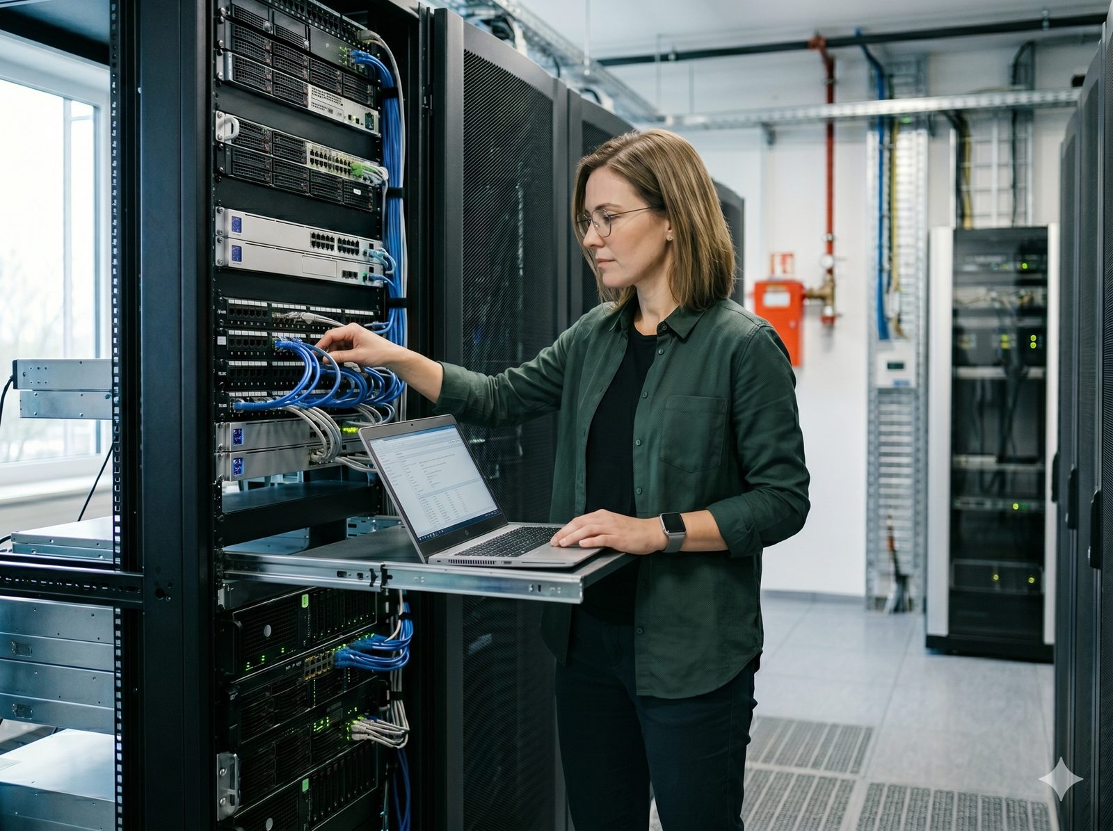 IT-Berater prüft vor Ort die Konfiguration im Serverraum